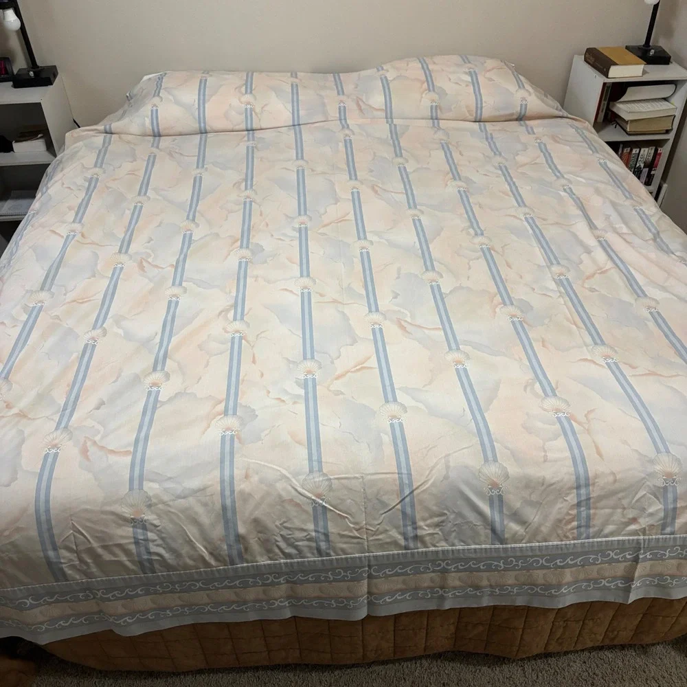 Vintage Coastal Shell Striped Flat Sheet Pastel Peach Blue 90x100 Queen 80s 90s‎